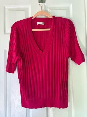 Anthropologie Hot Pink Ribbed V-Neck Sweater